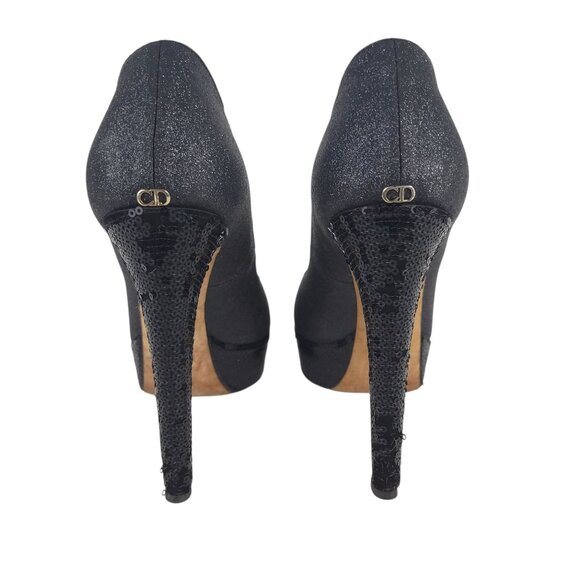 CHRISTIAN DIOR Heels 38.5 Gray Glitter Black Sequin Peep Toe Platform *FLAWS* - Picture 7 of 16